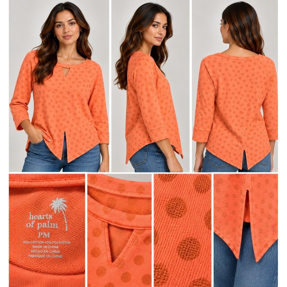 Hearts of Palm Petite Orange Polka Dot Burnout Sweatshirt Cutout Neck Top PM
